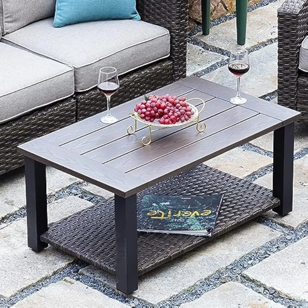 Outdoor Coffee Table with Wicker Storage, 40 Inch Side Table Modern Rectangle with Faux Wood Tabletop Fits with Conv