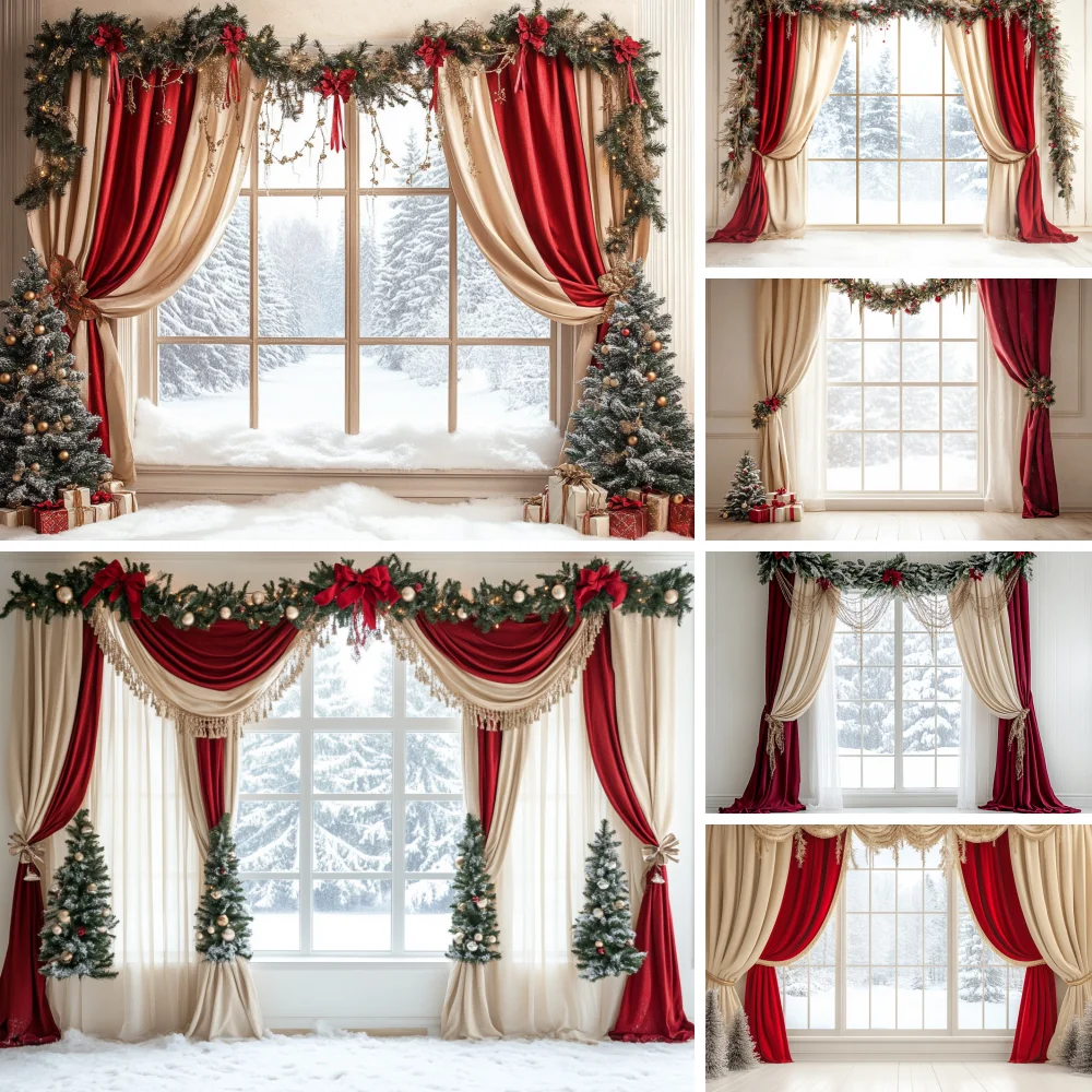 

Christmas Photography Backdrop Red Curtain European Window Door Wall Xmas Tree Kids Family New Year's Eve Party Photo Background