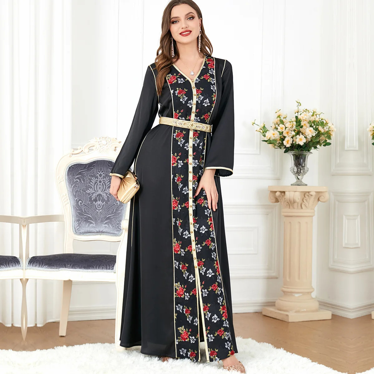 3282 Arabisches Damenkleid, neues Kleid mit V-Ausschnitt und langen Ärmeln