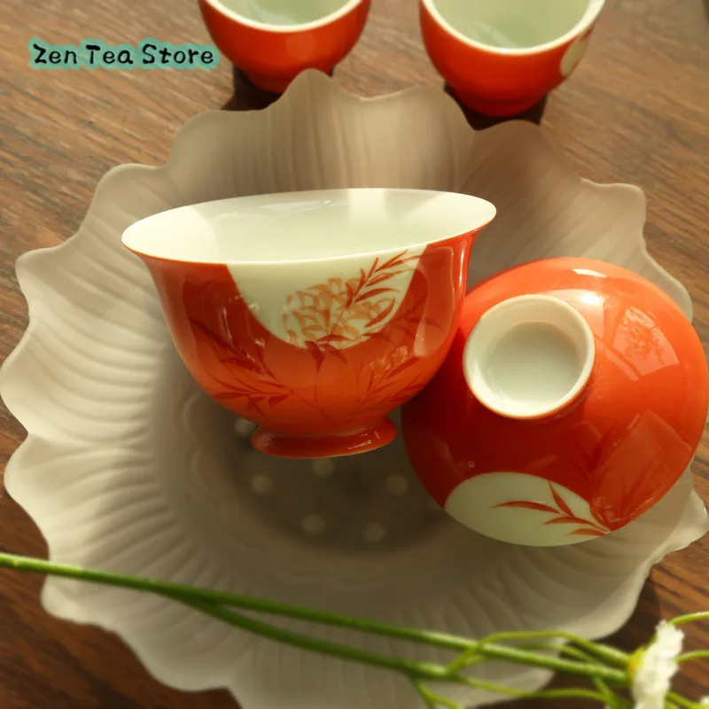 Maple Leaf Red Hand Painted Window Red Bamboo Cover Bowl Under Glaze Color Bamboo Creative Tea Space Tea Bowl