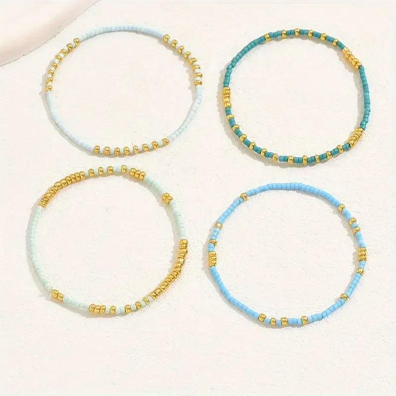 4 PCS Turquoise Color Seedbeads Stretch Bracelet Set Bohemia Gold Color Glassbeads Elastic Handmade Girls Vacation Jewelry