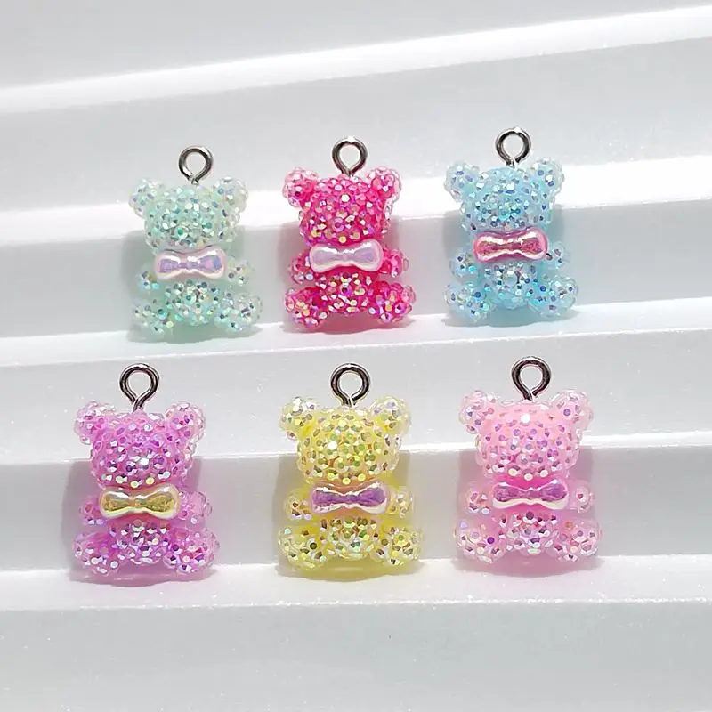 10PCS 18mm*15mm Sequin Bowtie MINI Bear Shiny Charm DIY Resin Necklace Pendant Earrings Bracelet Keychain Decorative Accessories