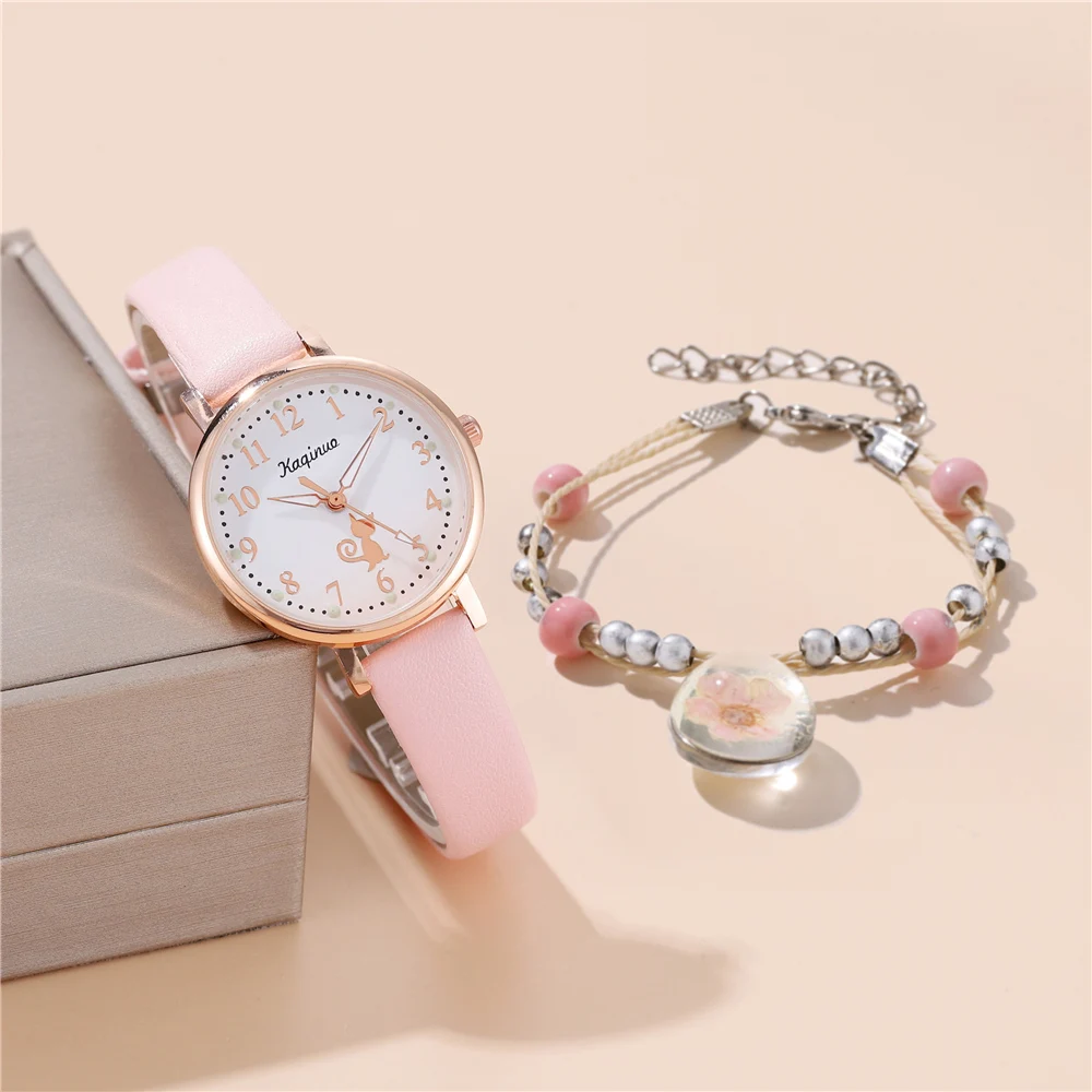 Pu leather Watch For Children Girls Cute Cat Elementary School quartz watch Set With bracelet