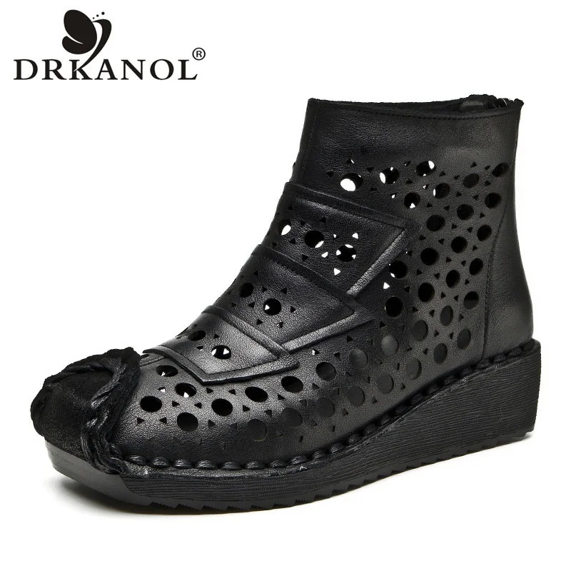 

DRKANOL Retro Handmade Genuine Leather Ankle Boots For Women Summer Hollow Out Breathable Back Zipper Wedges Heel Cool Boots