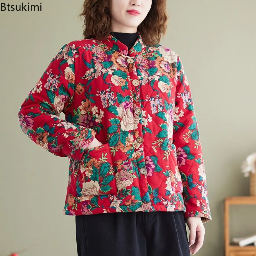 

Autumn Winter Cotton Linen Ethnic Style Thick Cotton Jacket Casual Loose Vintage Single Breasted Women Floral Print Outerwear