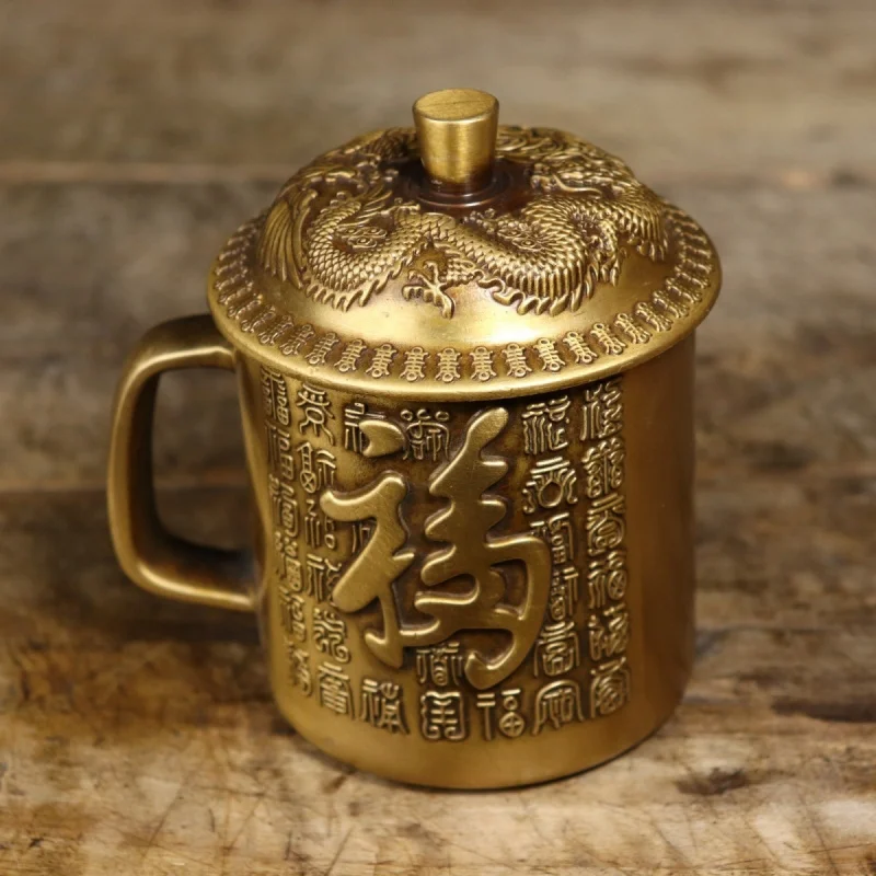 

Pure Copper Fushou Dragon and Phoenix Tea Cup with Relief and Lid, Hand-Carved Traditional Style Office Tea Cup, Home Decor Orna