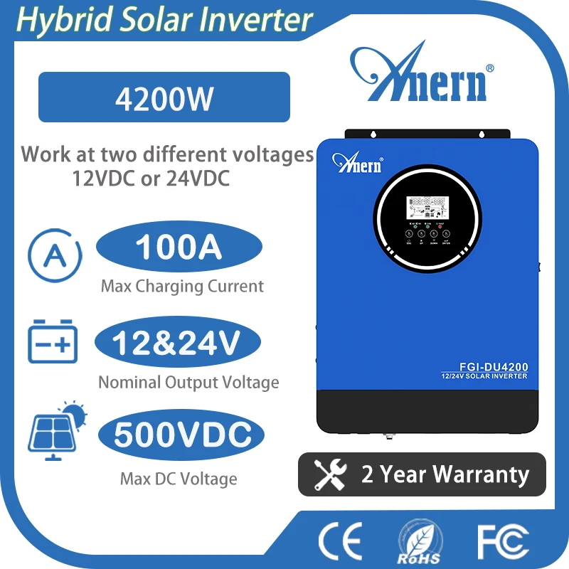 

Гибридный солнечный инвертор Anern 4200 Вт, 230 В переменного тока, чистая синусоида, ЖК-дисплей, автоматический для 12 В, 24 В, инвертор BMS с двойным напряжением для солнечной системы