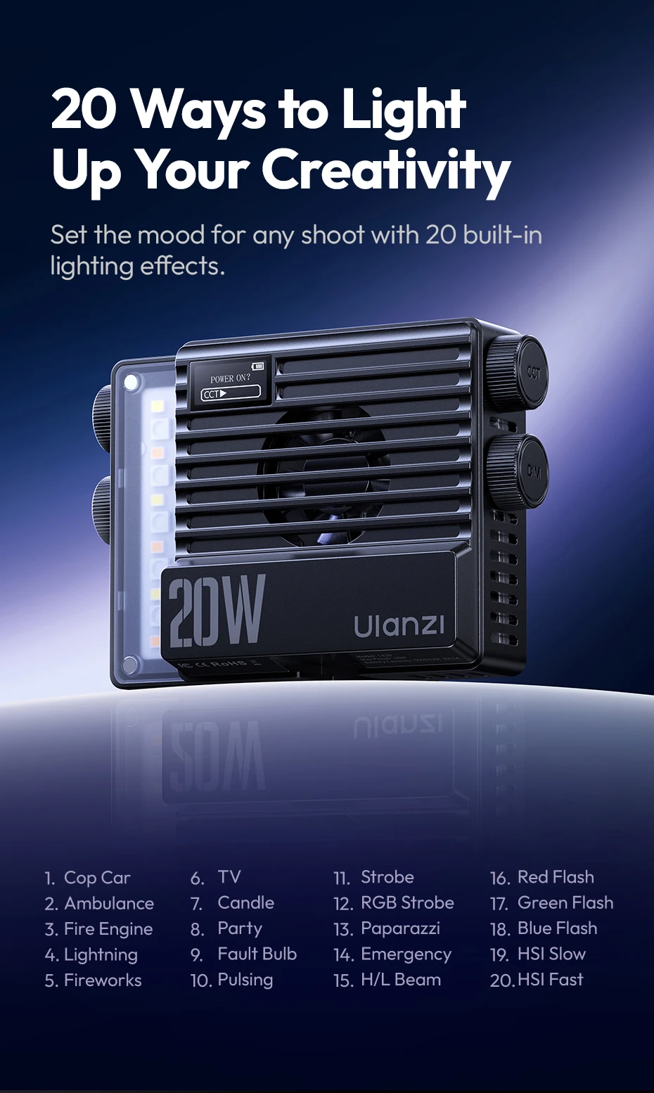 LE20 20W RGB Pocket Light CRI 95+ 2500K-9000K Dimmable Camera Video Light for DS