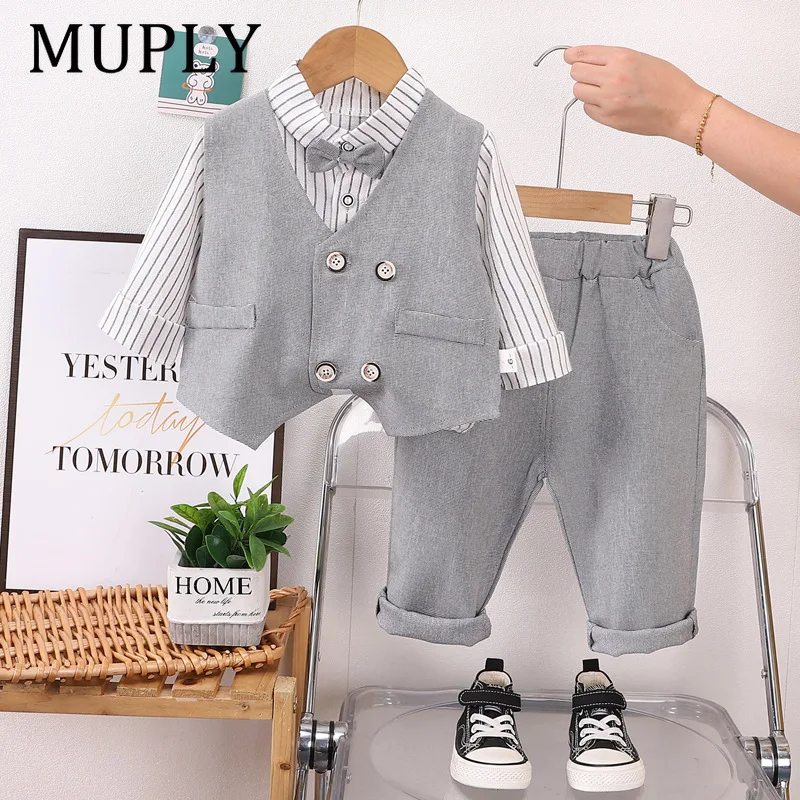 Spring Autumn Boys' Casual Clothing Children's Suits Striped Shirt + Vest + Pants 3-Piece Set Baby Boy Clothes