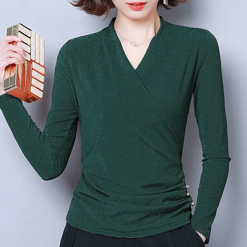 Women\'s Clothing Stylish Bright Silk Pullovers Casual Solid Color Spring Autumn Long Sleeve All-match Slim Spliced Folds T-shirt