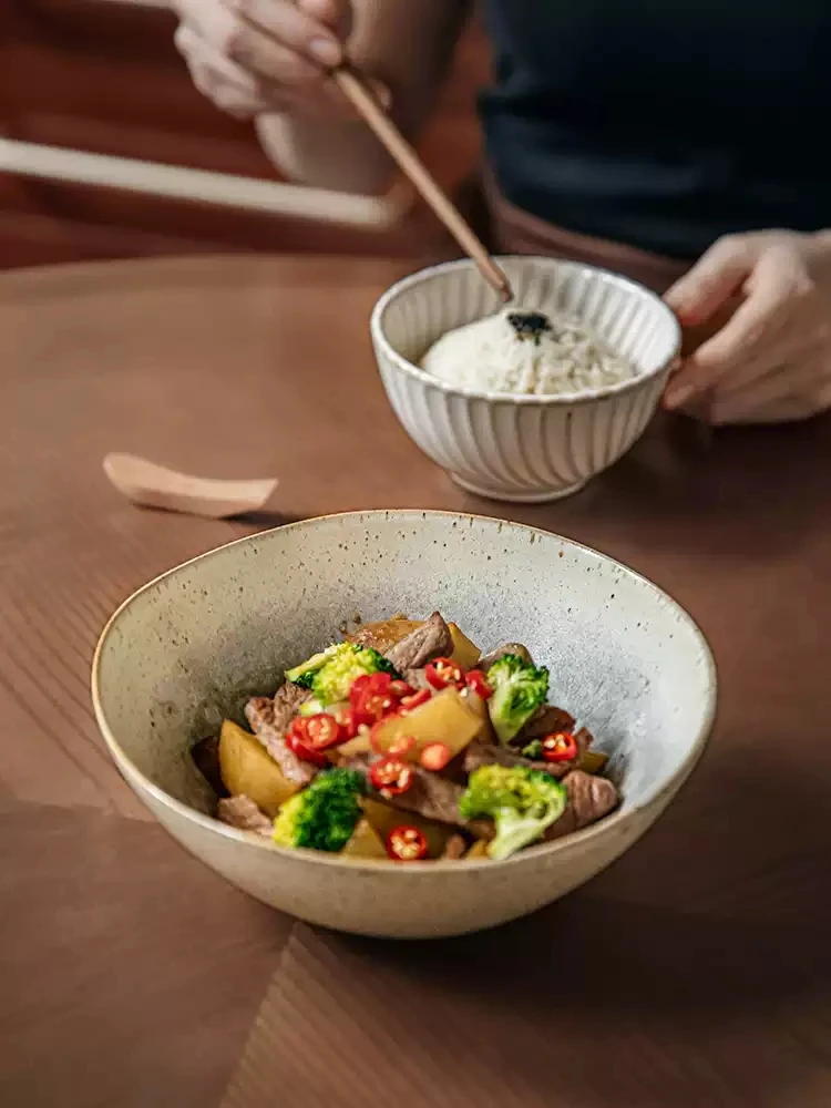 7.5 Inch Irregular Speckled Ceramic Salad Bowl 900ML Reactive Glaze Wide Noodle Soup Bowl Dishwasher Safe Home Tableware