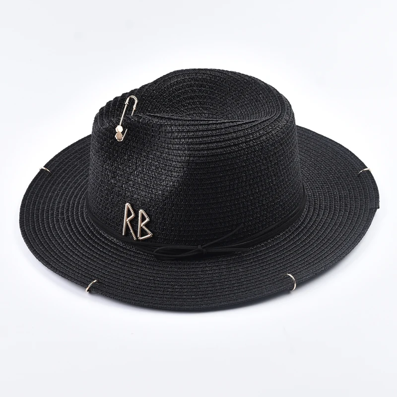 Modische Metall-RB-Buchstaben-Strohhüte für Damen und Herren, Sommer-Panama-Jazzhut, Outdoor-Urlaub, Strand-Sonnenhut – Detail 5