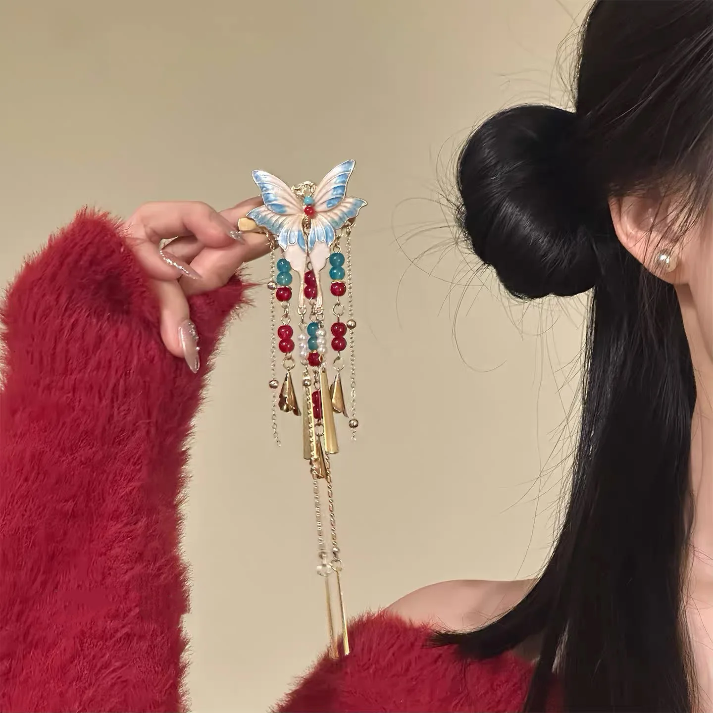 

Элегантная заколка для волос «Феникс-бабочка» в китайском традиционном стиле с бисерной подвеской, винтажное украшение для волос