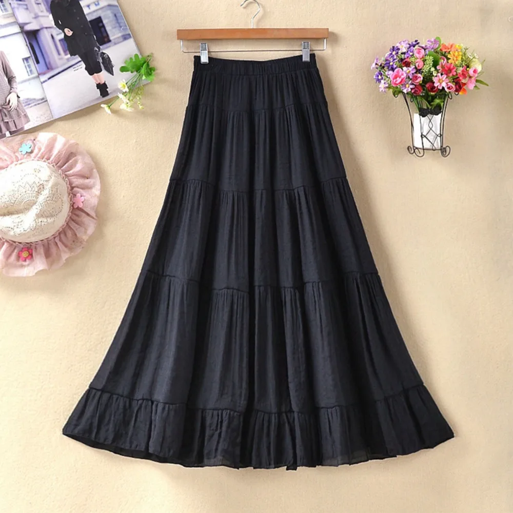 Nighpha Women’s Summer Cotton Linen Skirt Midi Long Boho Elastic Waist A-Line Skirt Swing Ruffle Hem Tiered White Black Skirt