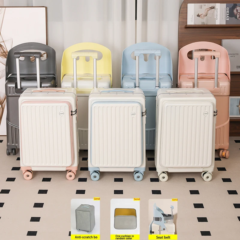 

Чемодан с фронтальным открытием 22 дюйма, многофункциональный дорожный кейс с безопасной спинкой, складным подстаканником, тормозными колесами, отделением для сухих и влажных вещей