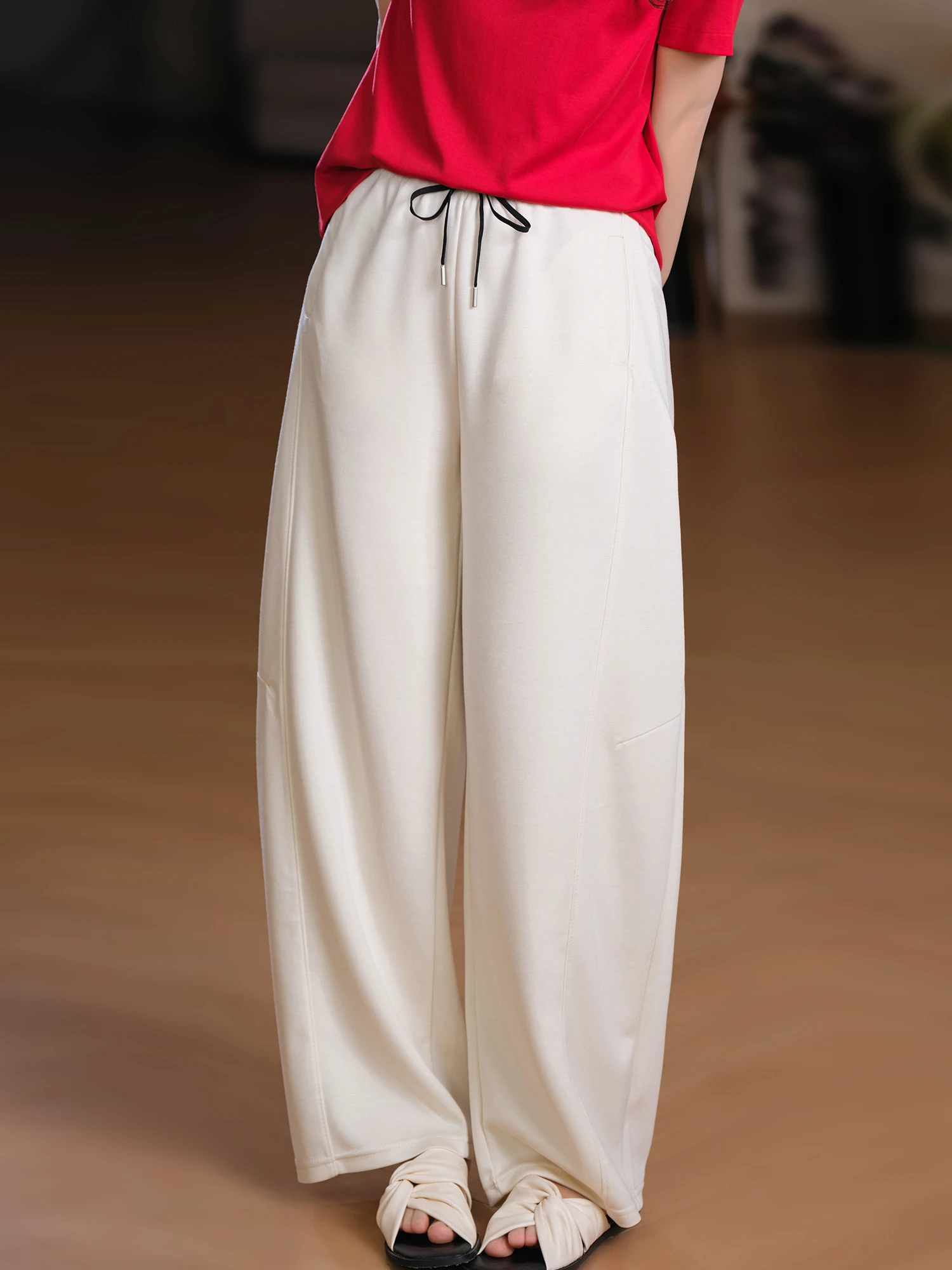 

Fashionable Smooth Elastic Waist Casual Pants Women's Patchwork Loose Fit Breathable Comfortable Polyester Blend Trousers