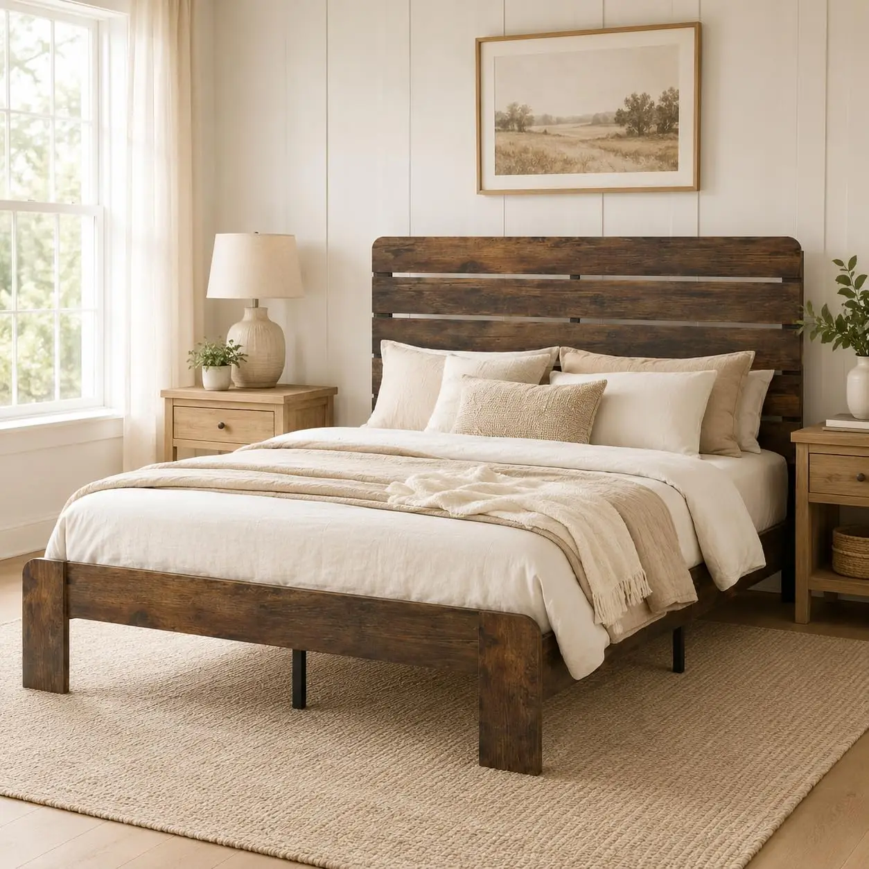 Queen Size Bed Frame with Headboard Farmhouse Metal Wood Platform | Heavy duty queen size bed frame with metal wood, Customized