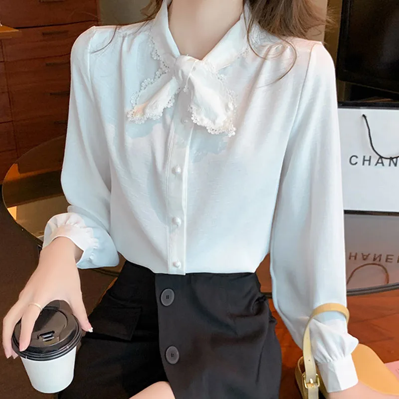 Office Lady Bow Collar Women Shirt White Long Sleeve Chiffon Shirt Blouse Women Tops Blouses Shirts Blusas Para Mujer Blusa F529