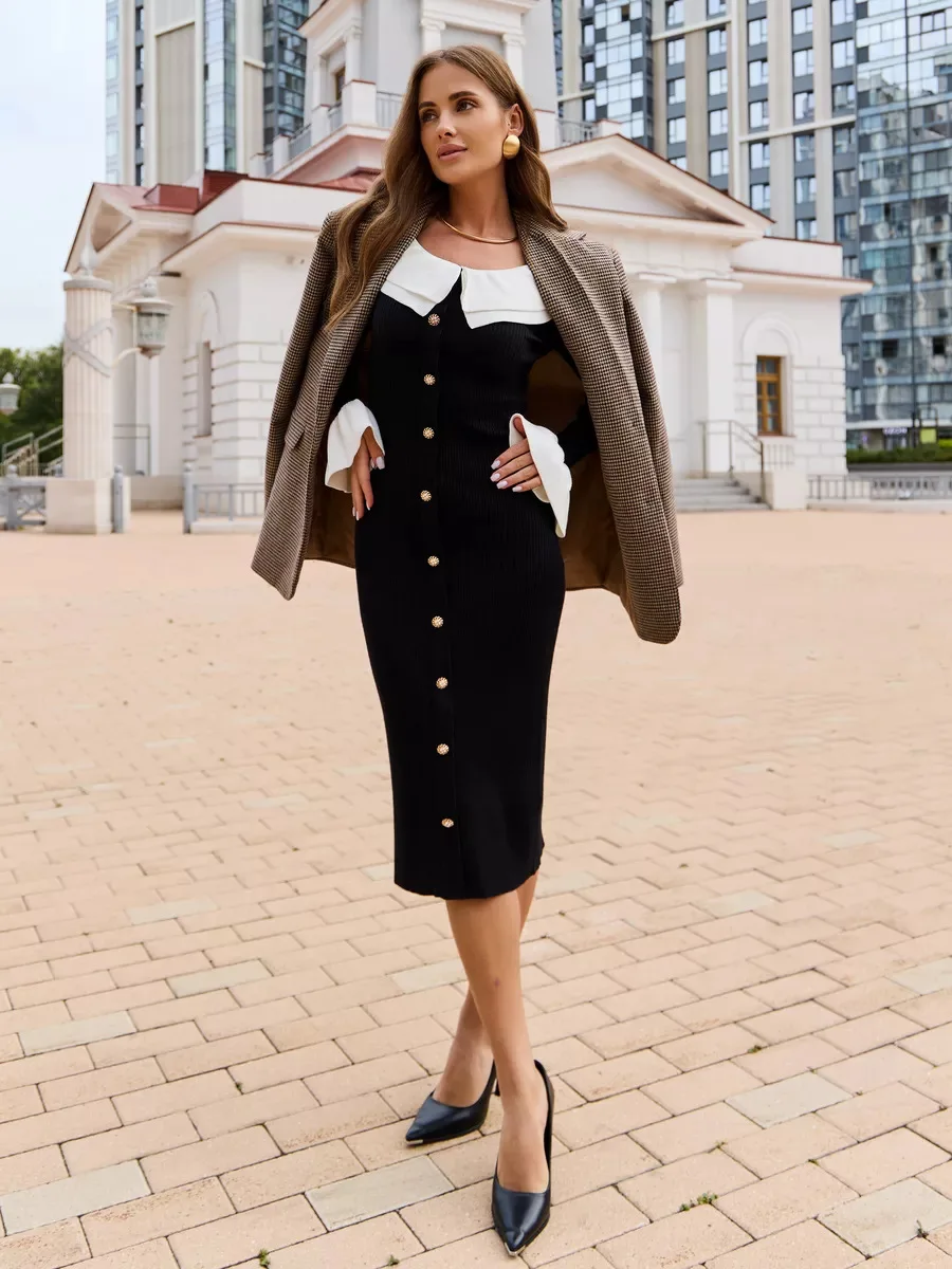 Fashion Knit Patchwork Long Dress Women's Ruffled Slim Elegant Contrast Ribbed Party Dress Knitwear Autumn Maxi Dress New