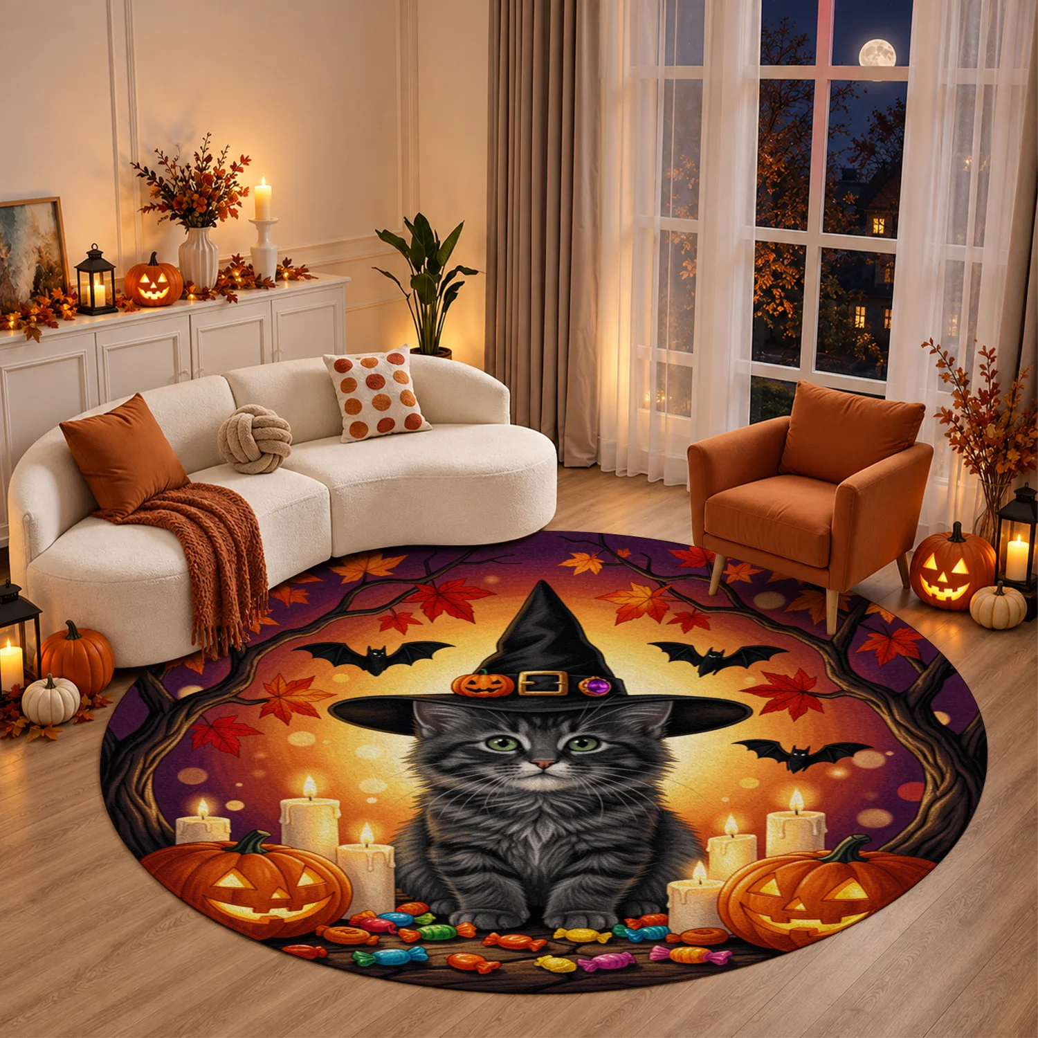 Halloween Witch Cat Pumpkin Bat Pattern Round Velvet Area Rug, Machine Washable, Perfect for Living Room, Entryway, Bedroom, Ideal for Halloween, Thanksgiving, Christmas, New Year, Black Friday, Cyber Monday Home Decor