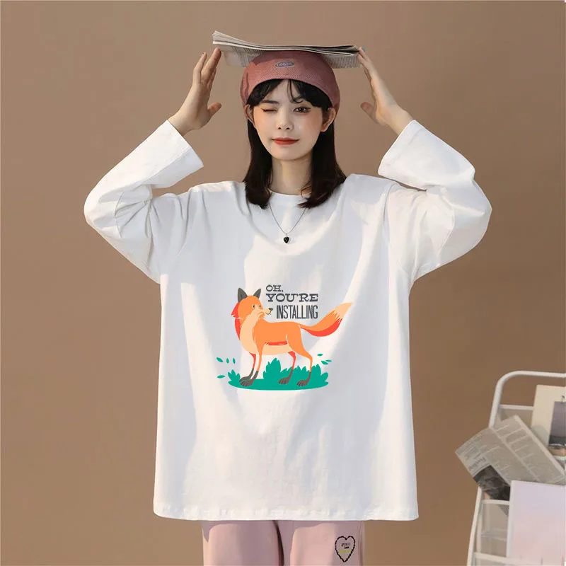 

Oversize Plus Size T Shirt Fox Print Autumn Winter Women White T-shirt Casual Long Sleeve Top Female Animal Clothing