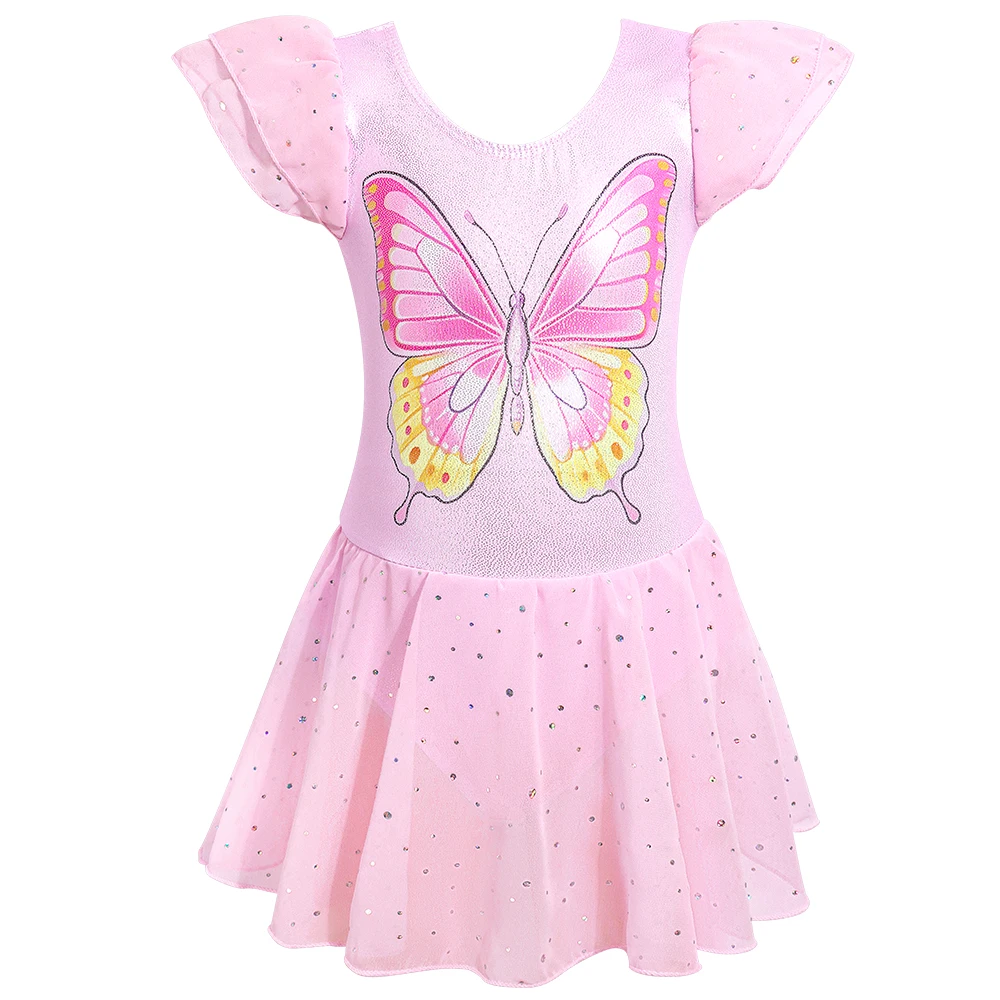 Leotardo de Ballet para niñas, baile, gimnasia, vestidos de baile brillantes para niños, trajes, leotardo con falda tutú, mono de entrenamiento de mariposa