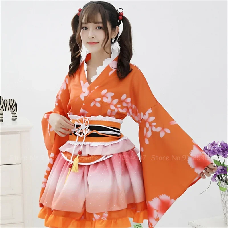 Japanese style anime yukata kimono Kawaii girl princess dress Sakura haori Lolita mini dresses women party dance cosplay costume