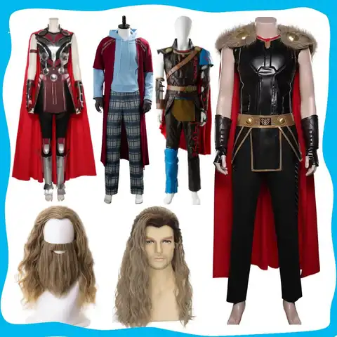 Movie Love And Thunder 4 Thor Cosplay Fantasy Wig Cloak Set Men Costume For Male Superhero Suit Roleplay Halloween Party Clothes