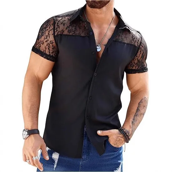 New Summer Men's Lace Splicing Short Sleeve Shirt Slim Fit Fashion Shirt