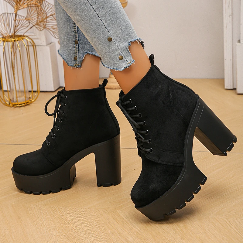 

Черные женские ботильоны на толстом высоком каблуке, 2026, большие размеры до 42, на шнуровке, короткие, винтажные, на массивной платформе, из флокированной кожи