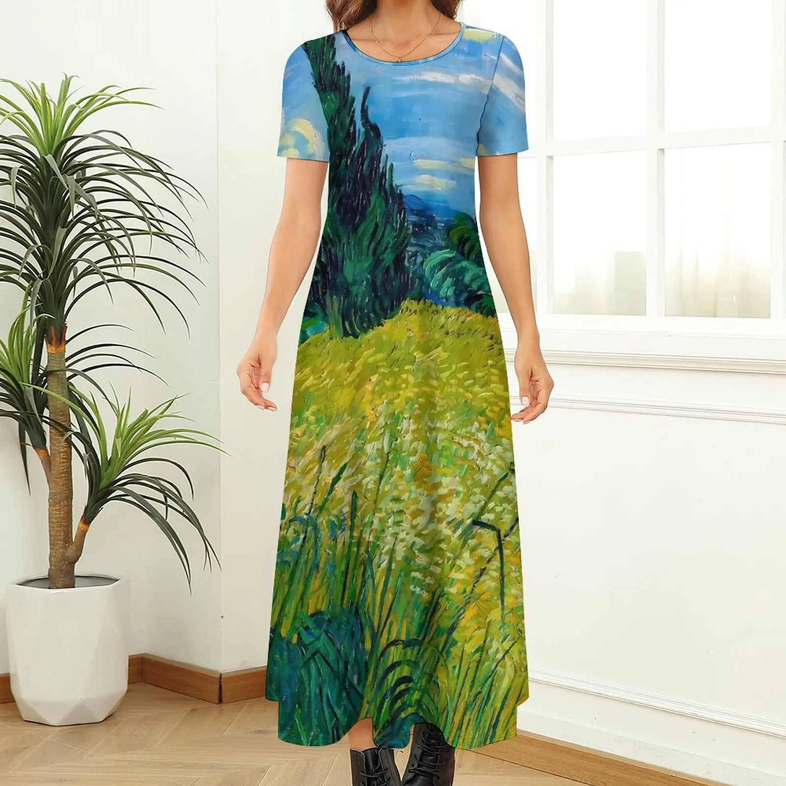 Van Gogh Dress Green Wheat Field Cute Maxi Dress Female Short Sleeve Streetwear Bohemia Long Dresses 5XL 6XL 7XL