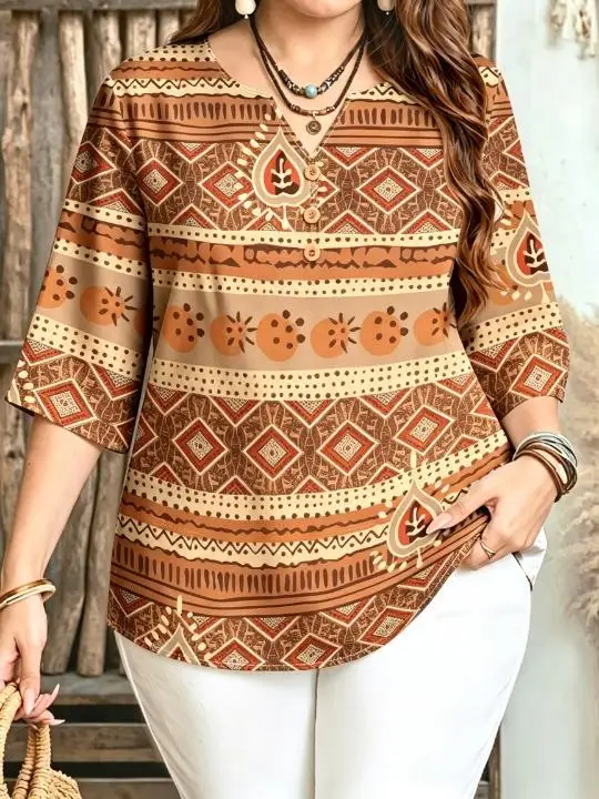 Women Brown Tone Vintage Tribal Stripe Geometric Print Blouse For Curvy Figures Notched Neck 3/4 Sleeve Loose Casual Ladies Tops