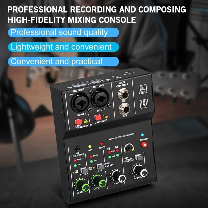 2 Channels Mini USB Mixer Professional Portable Audio Interface Sound Card Console for Guitar Recording Studio Singing-VVNB