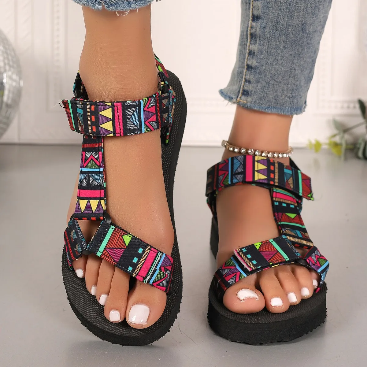 Womens Stylish Paisley Pattern Sandals - Adjustable Ankle Strap Perfect Beach Vacation Shoes for