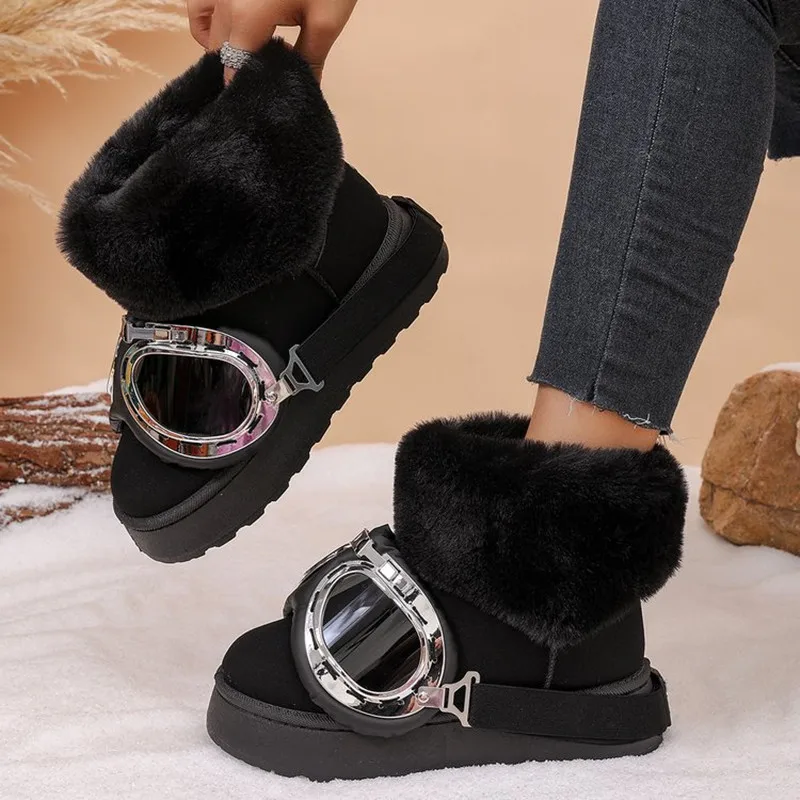 New Winter Glasses Decor Thick Soled Comfort Women's Snow Boots 2026 Fashion Fleece Lined Warm Round Toe Casual Boots for Women
