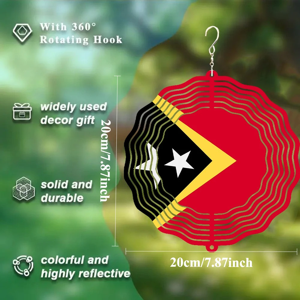 East Timor Flag Metal Rotating Wind Chime - with 360° Spinning Hook, Battery-Free Outdoor/Indoor Decoration - Patriotic Garden