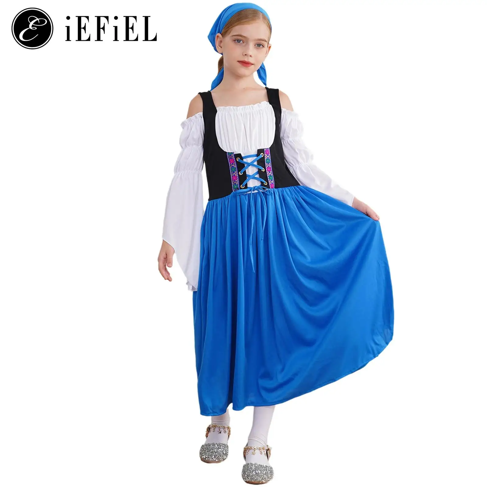 

Girls Oktoberfest Costumes Long Sleeve Bavarian Dirndl Dresses Cold Shoulder Dress with Headscarf Set Traditional Dress-up