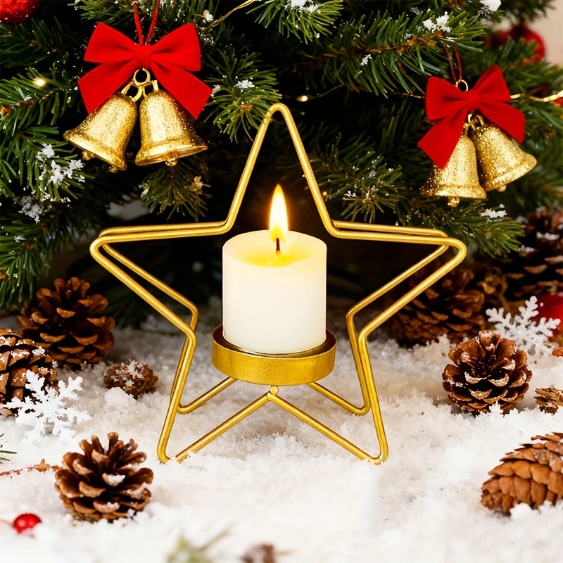 1PCS Christmas Atmosphere Nordic Gold Silvery Iron Candlestick, Creative Home Model Room Hollowed-Out Design Home Decoration