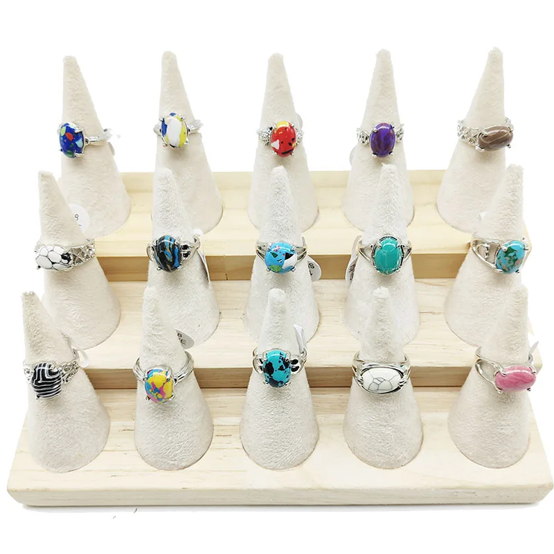 20pcs/Lot Wholesale Colorful Oval Natural Stone Finger Rings For Women Bohemia Mix Style Silver Color Hollow Alloy Metal Jewelry