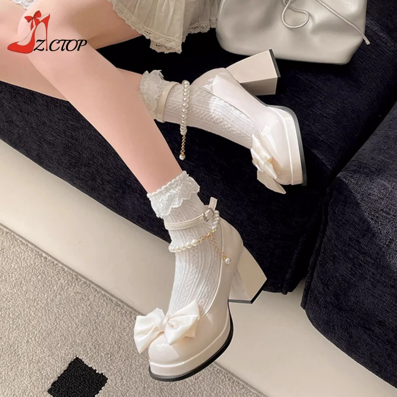 

Beige Butterfly Platform High Heels for Women 2025 New Pearl Ankle Strap Mary Jane Shoes Retro Chunky Pumps