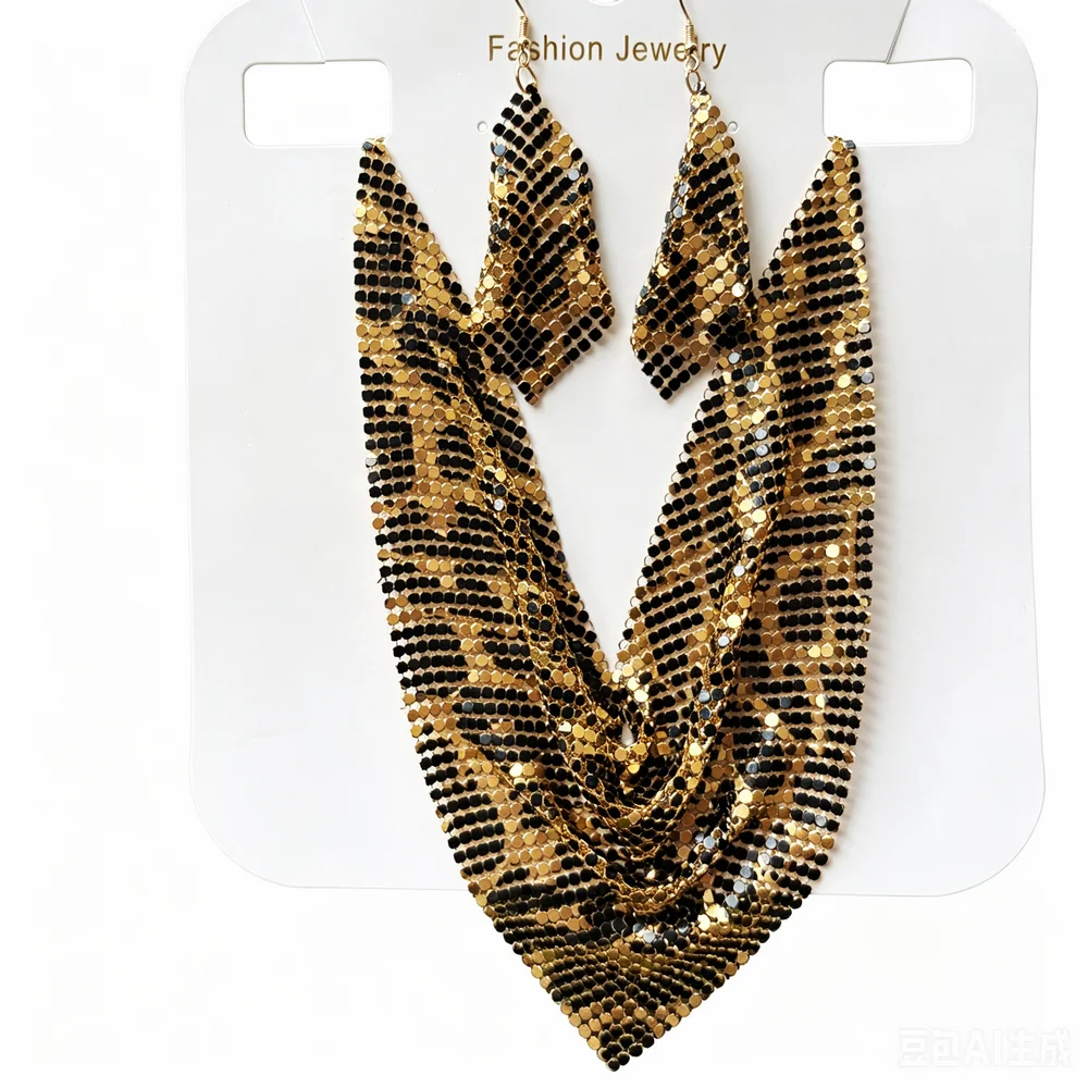 1 Set Women Gold Black Sequin Mesh Tassel Necklace Earrings Set Sparkly Triangle Bib Collar Evening Party Club Statement Jewelry