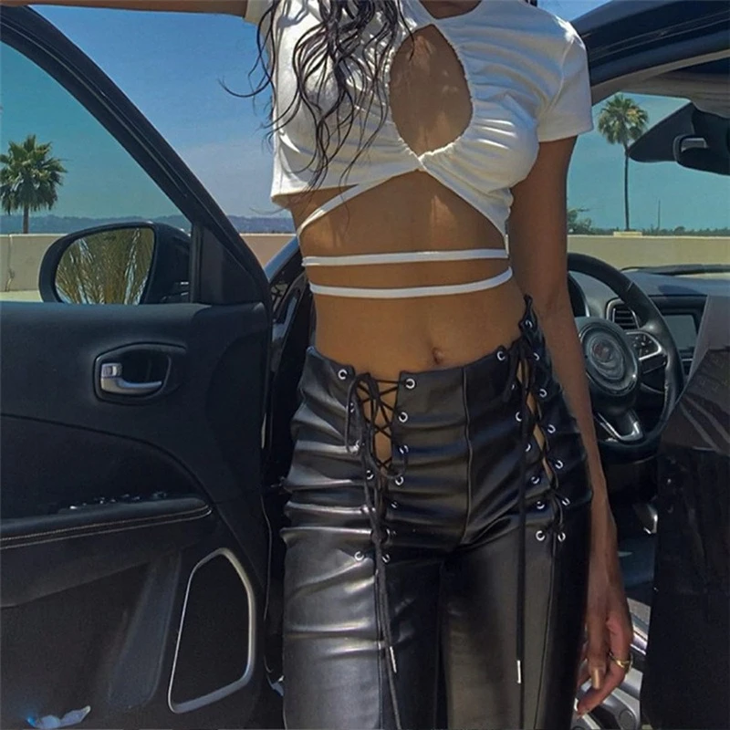 New Sexy Y2k Streetwear Black Leather Pants Women Goth Clothes High Waist Fashion Casual Pants Vintage Lace Up PU Flare Trousers