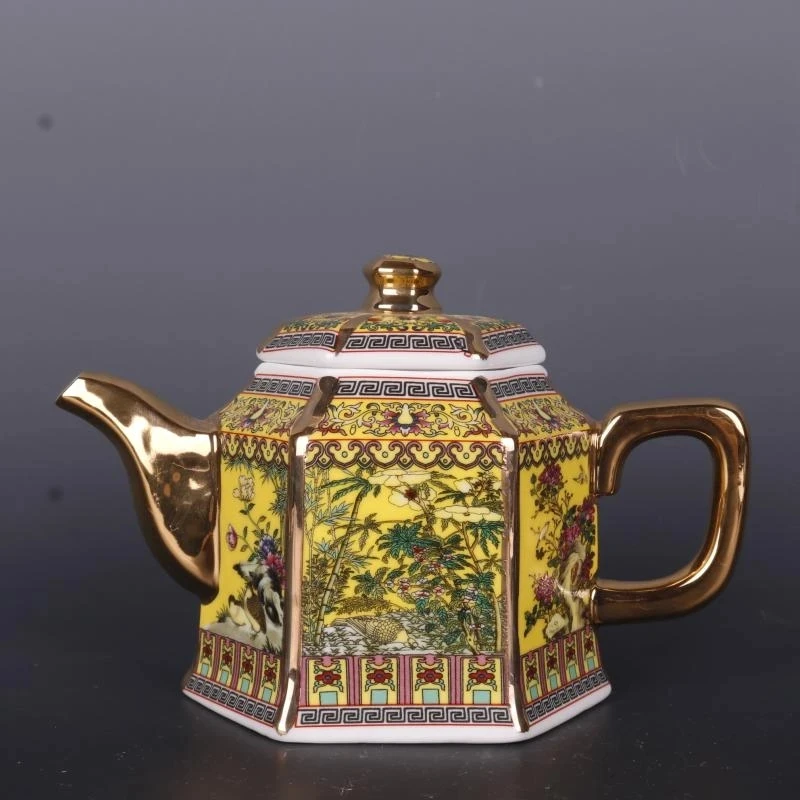 

Jingdezhen Antique Qianlong Yellow Enamel Gold Teapot With Handle Hexagon Teapots With Flowers And Birds Pattern