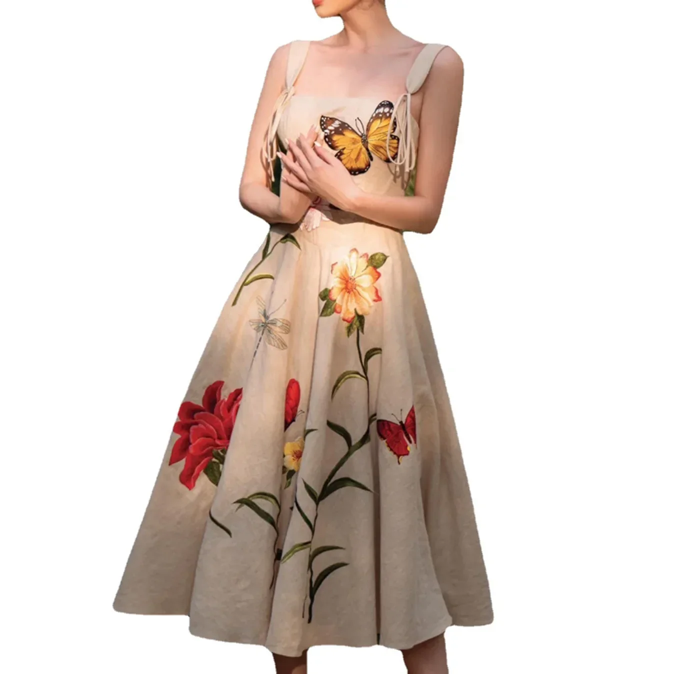 New Small and High-end 2024 Summer New Three-dimensional Flower Retro Waist Strap Dress Sweet and Light Luxury Dresses