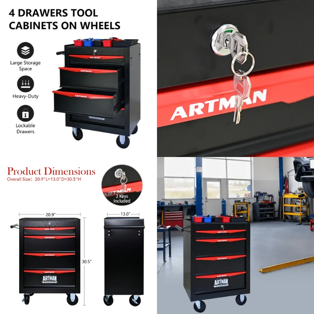 Tool BoxHeavy Duty Rolling Tool Cabinet with 4 Drawers Steel Storage on Wheels