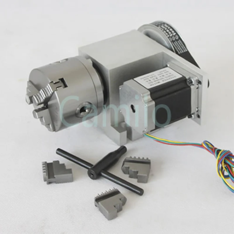CNC 4th A Axis Rotary Axis 3 4-jaw 80mm 100mm Chuck CNC Indexing Head MT2 Tailstock Telescopic Stroke 45MM NEMA 23 Stepper Motor