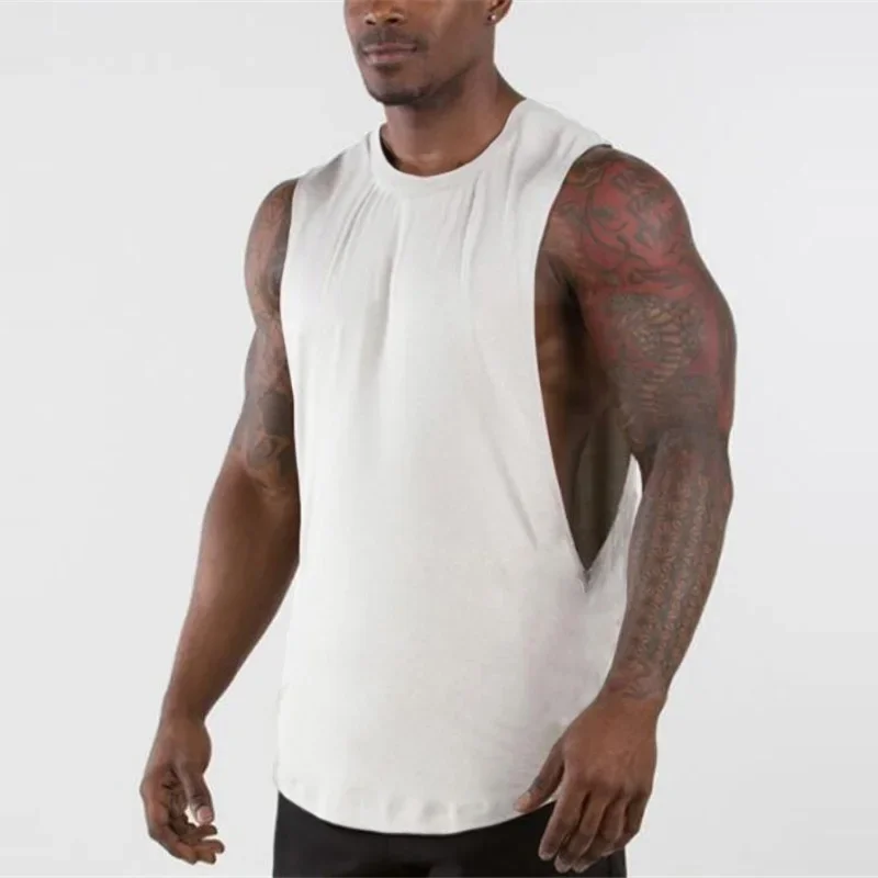 Running Vests Men Fitness Tank Tops Summer Drop Armhole Gym Clothing Cotton Singlet Cut Off Sleeveless T Shirt Bodybuilding Tank