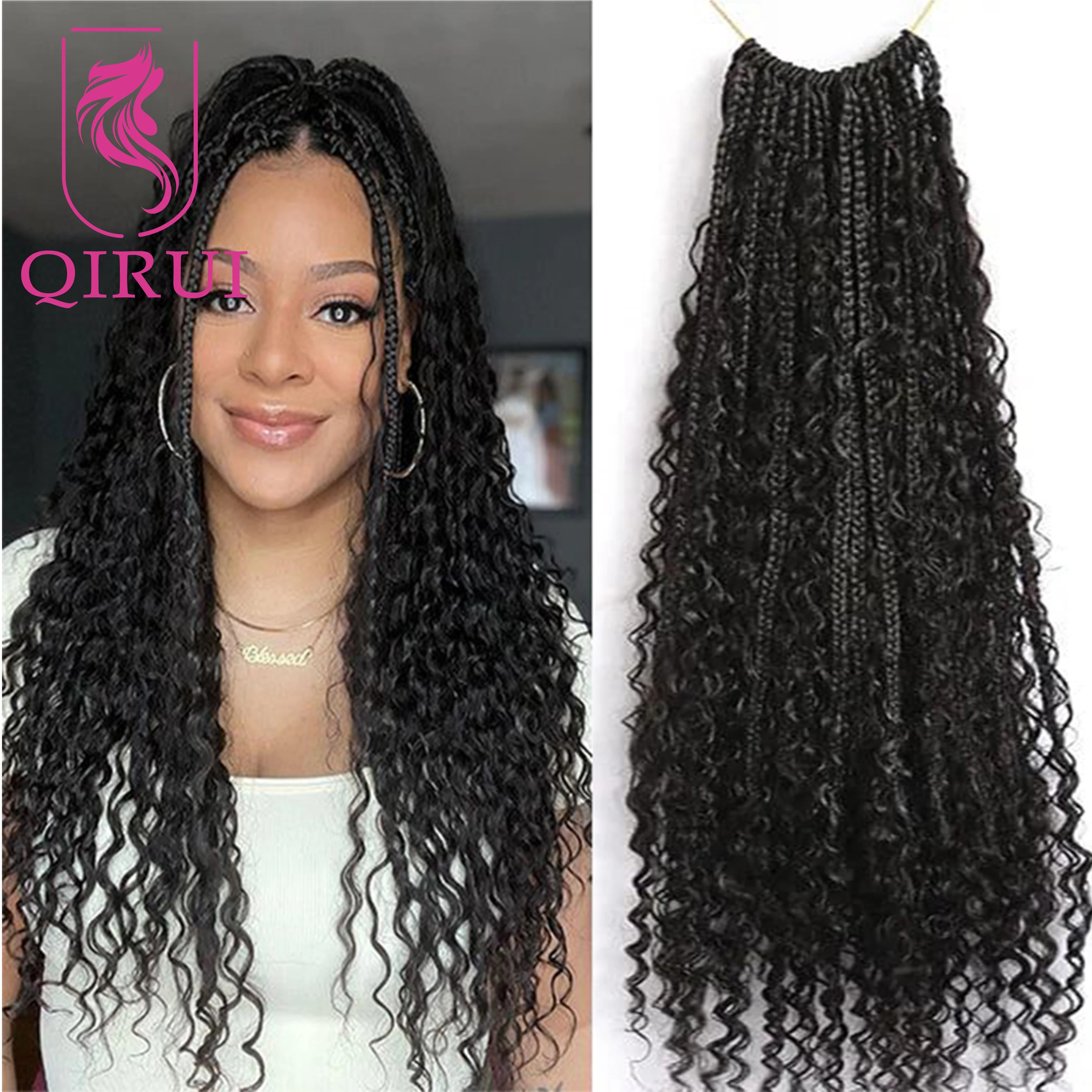 

Crochet Boho Box Braids With Human Hair Curls Pre Looped Box Braids With Curly Human Hair Full Ends Hair Extensions 30 Inch