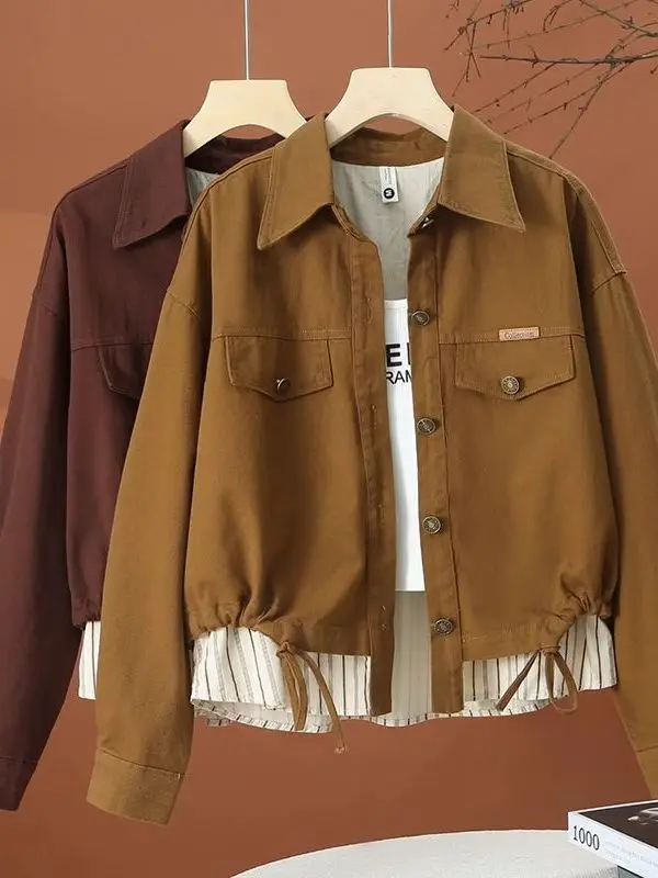 

Весенне-осенняя джинсовая куртка женская повседневная с воротником, лоскутная, имитация двухслойного дизайна, удлиненная, стандартной длины