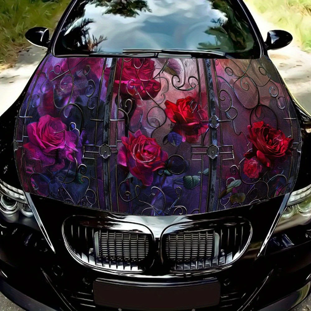 

Encounter of Stained Glass and Roses PVC Car Vinyl Wraps, Self-Adhesive Waterproof Car Hood Decal Sticker, Car Decoration Protec